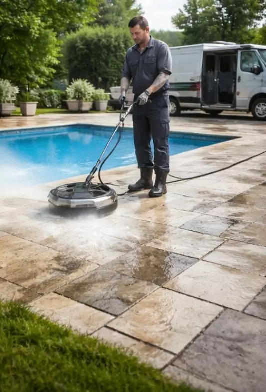 Nettoyage haute pression d’une terrasse et des abords de piscine après débarras