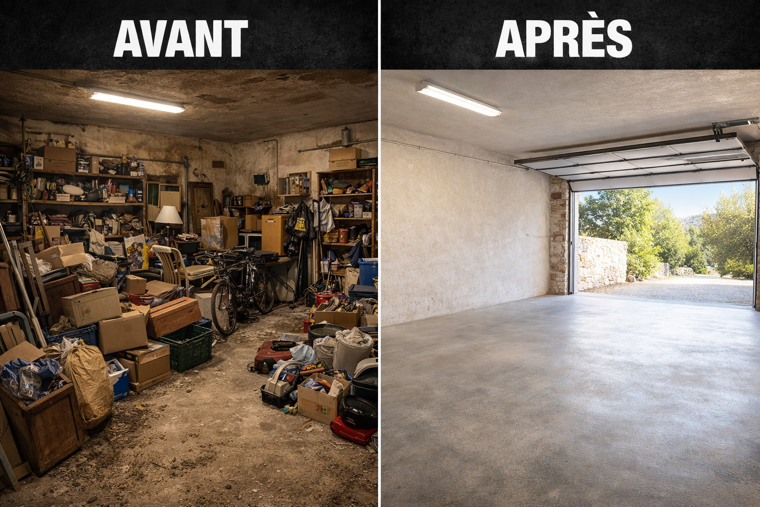 Avant et après le débarras complet d'un garage dans le Var