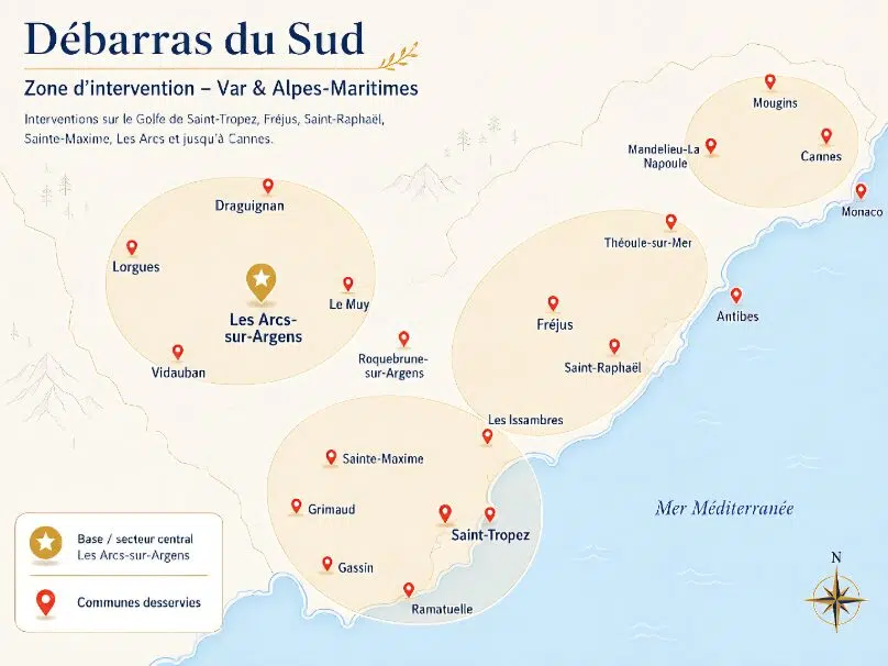 Carte de la zone d’intervention de Débarras du Sud dans le Var et les Alpes-Maritimes
