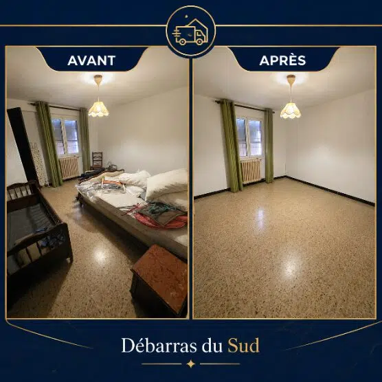 Pièce encombrée avant et vide après le passage de Débarras du Sud