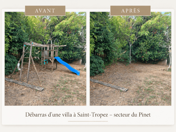 Avant après du jardin d’une villa à Saint-Tropez après le démontage du portique